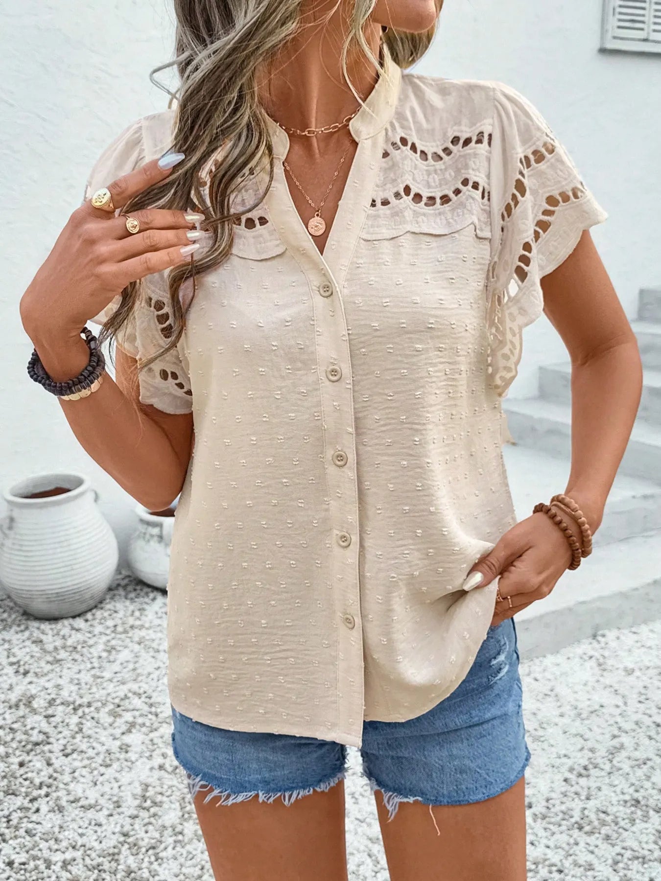 Swiss Dot Cutout Button Down Shirt nicholesgifts