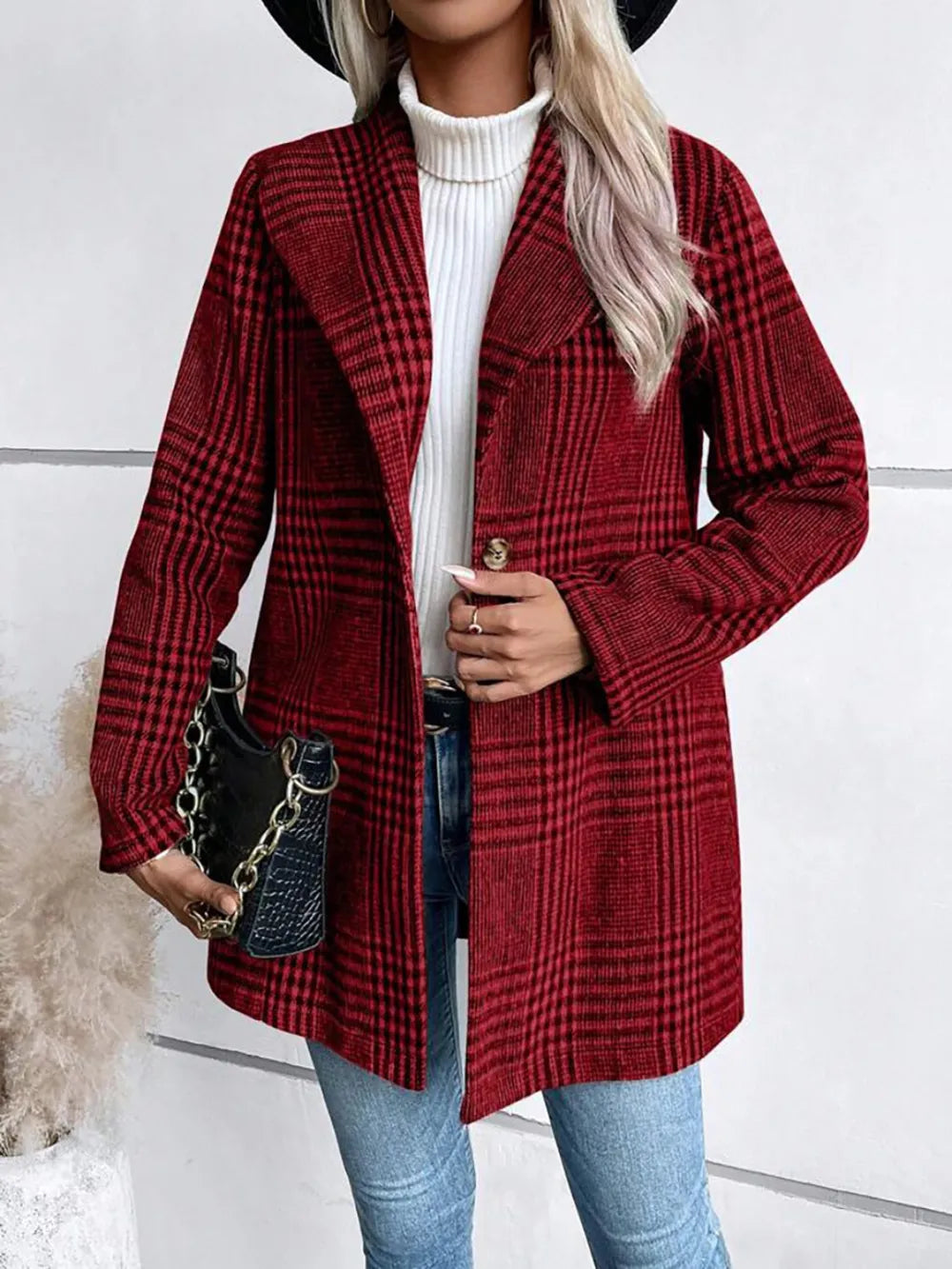 Plaid Collared Neck Long Sleeve Jacket nicholesgifts
