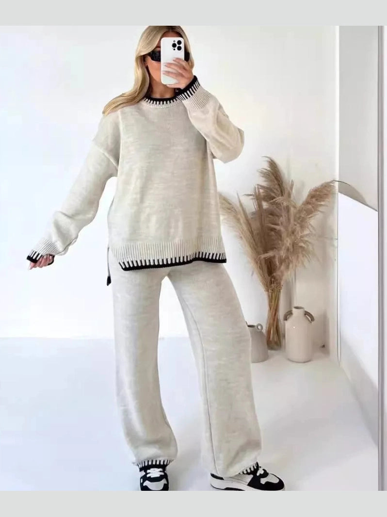 Contrast Trim Round Neck Top and Pants Sweater Set nicholesgifts