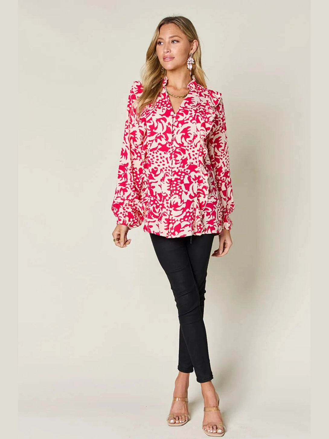 Double Take Full Size Printed Ruffle Trim Balloon Sleeve Shirt
