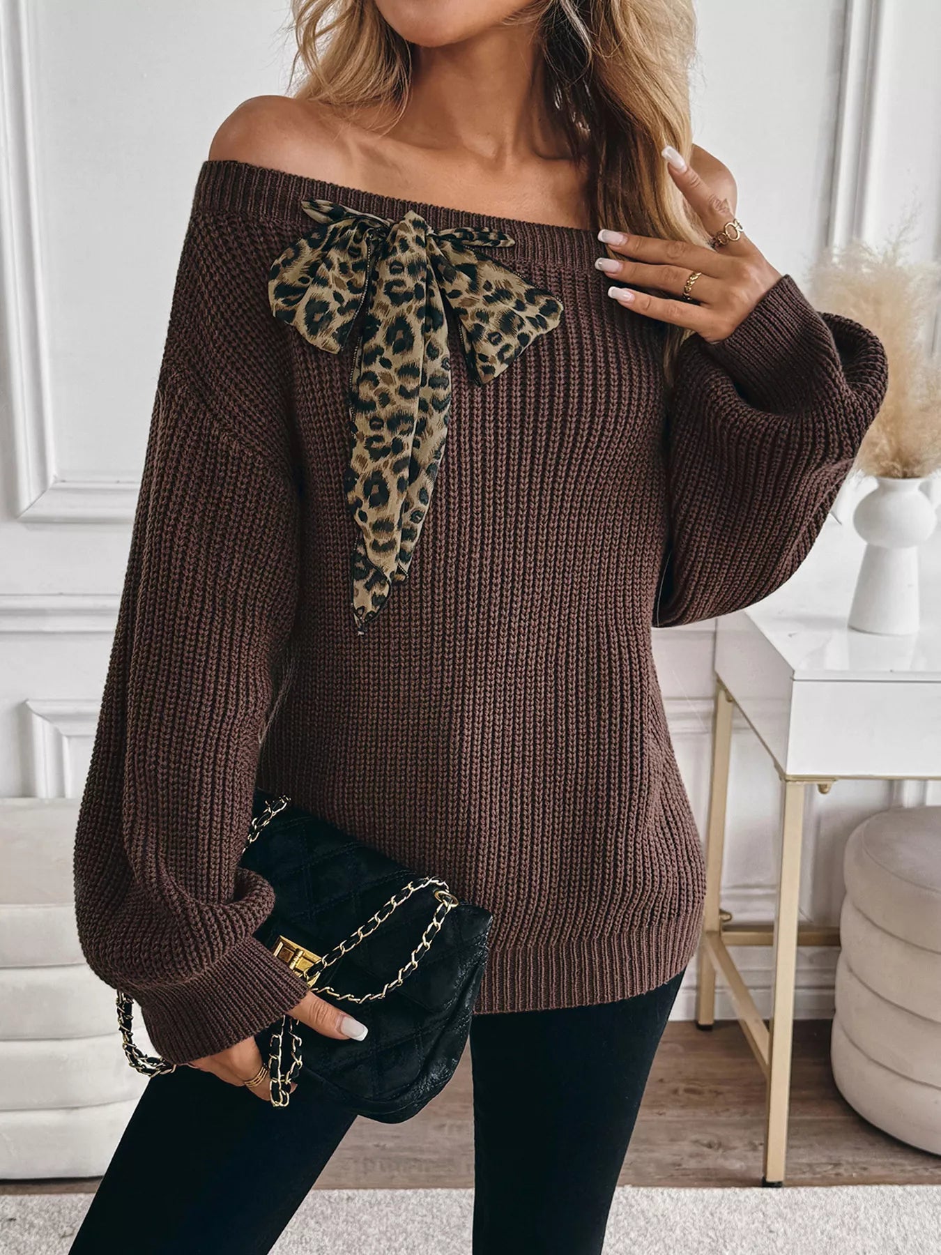 Leopard Bow Dropped Shoulder Sweater Trendsi