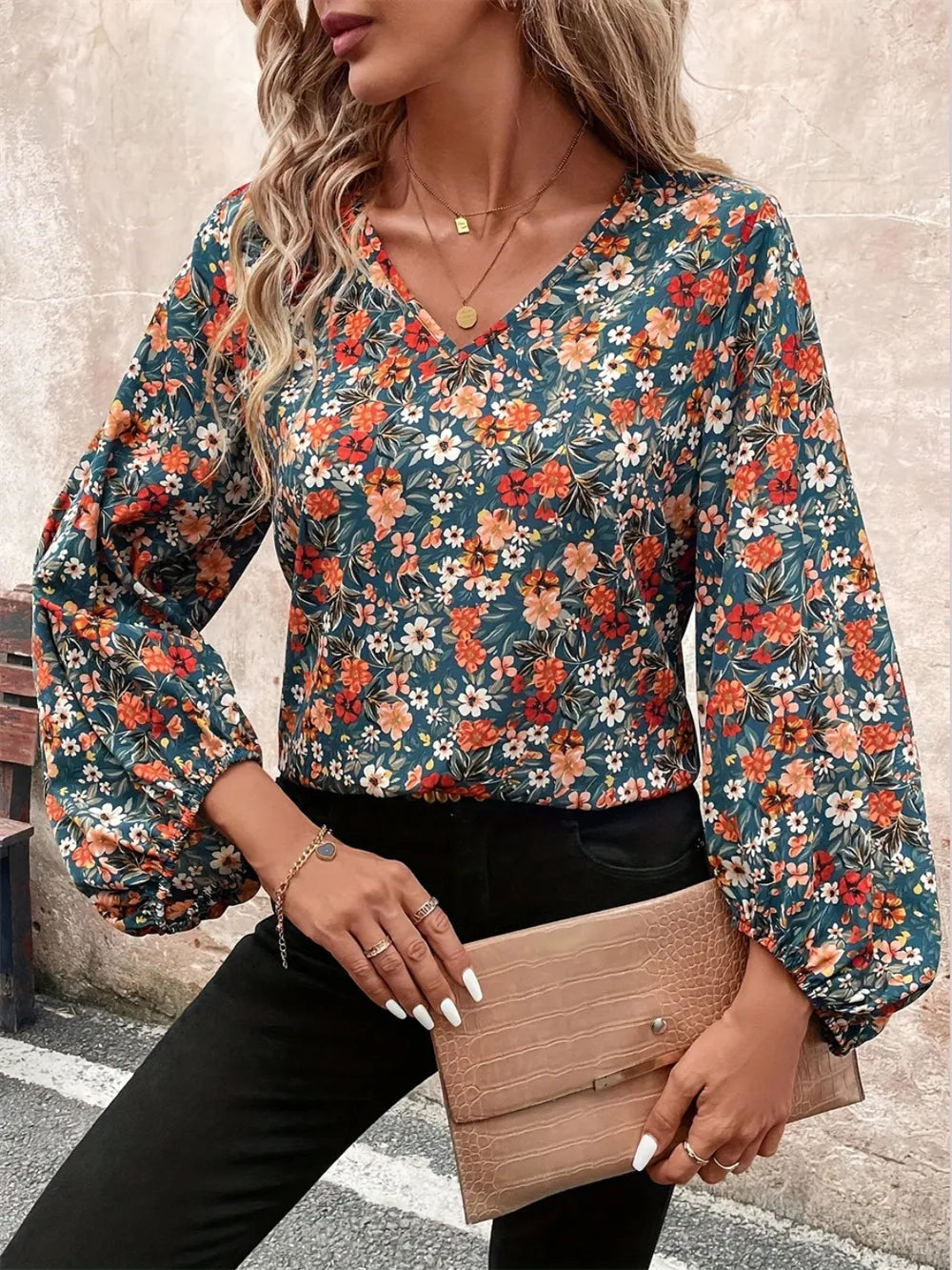 Printed V-Neck Balloon Sleeve Blouse NicholesGifts