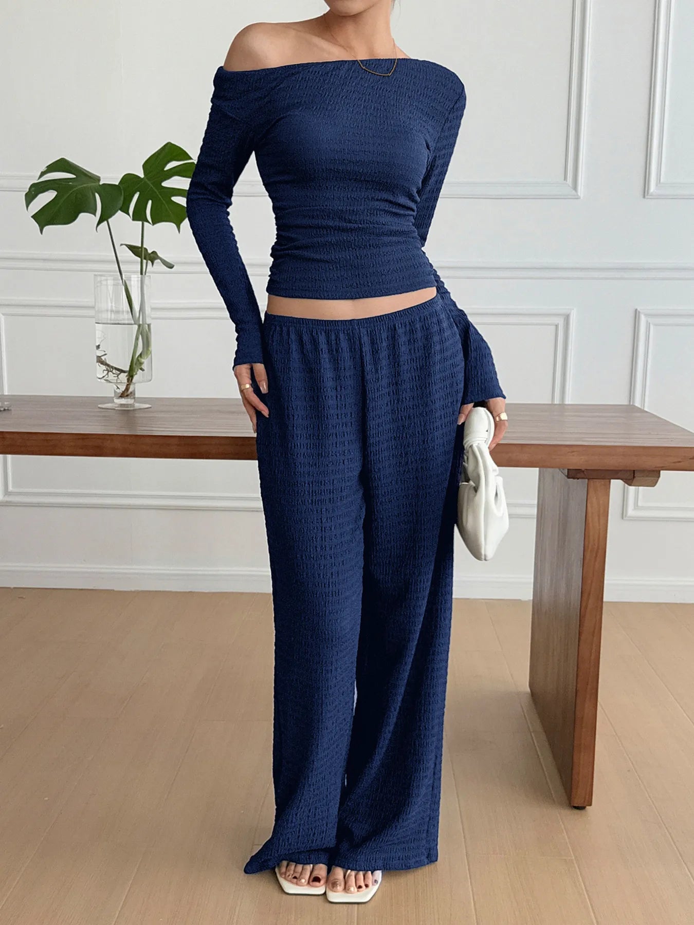One Shoulder Long Sleeve Top and Pants Set nicholesgifts