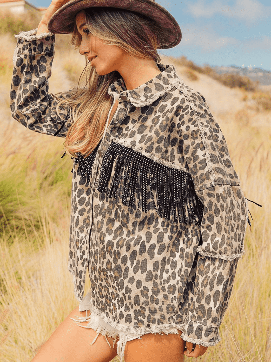 Leopard Fringe Detail Collared Neck Denim Jacket nicholesgifts