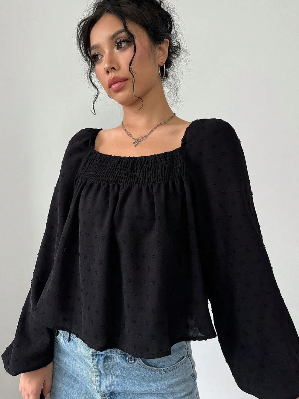 Swiss Dot Square Neck Long Sleeve Blouse NicholesGifts
