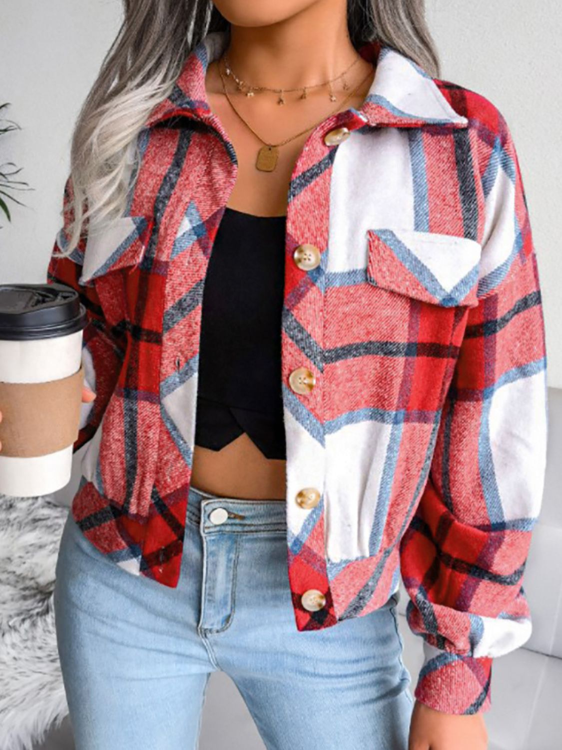 Plaid Collared Neck Drop Shoulder Jacket nicholesgifts