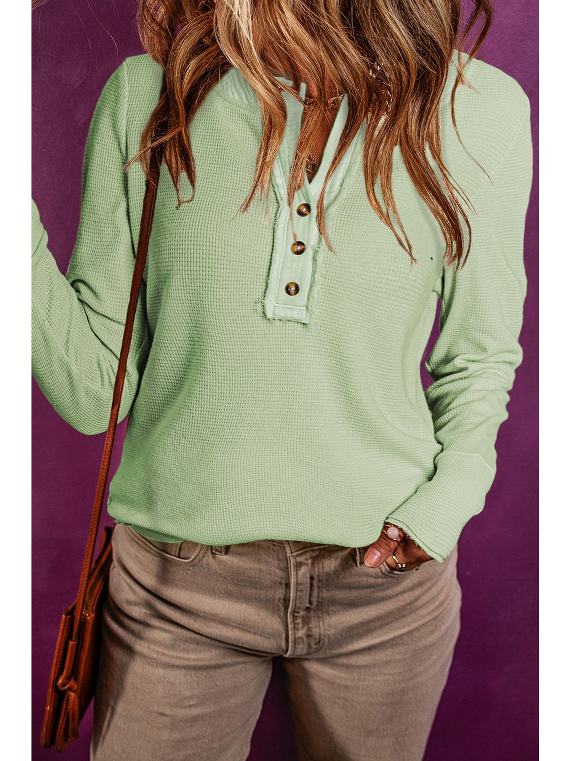 Waffle Knit Textured Henley Top nicholesgifts