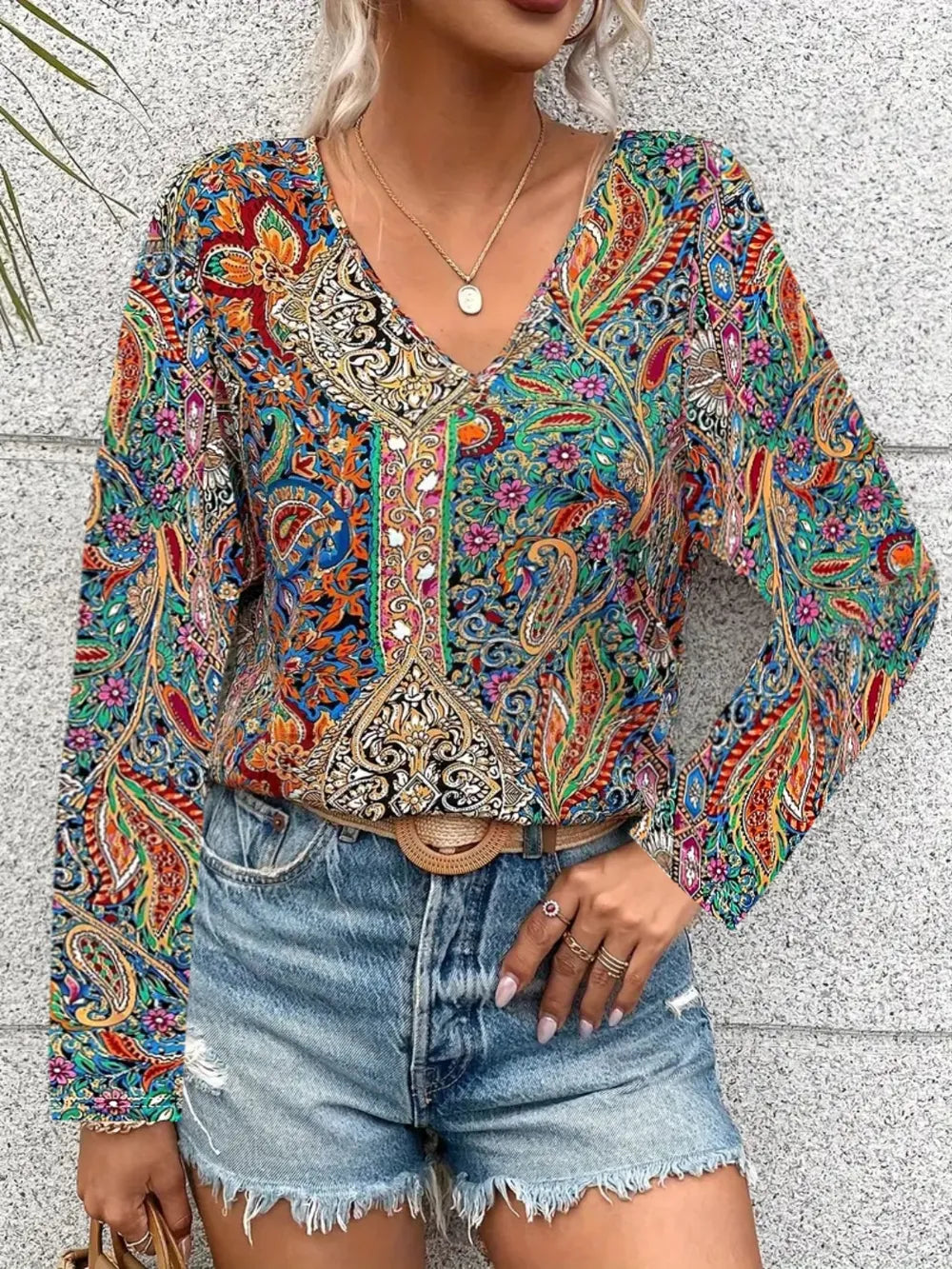 Printed V-Neck Long Sleeve Blouse NicholesGifts