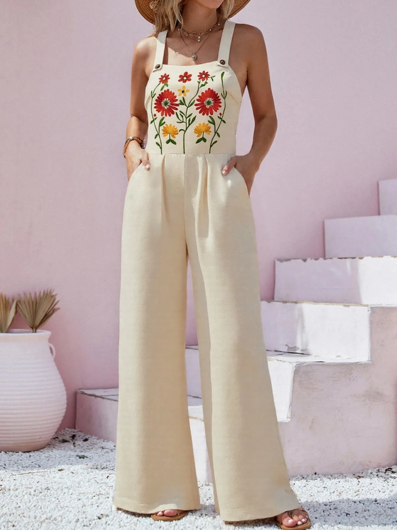 Floral Embroidered Wide Leg Jumpsuit nicholesgifts