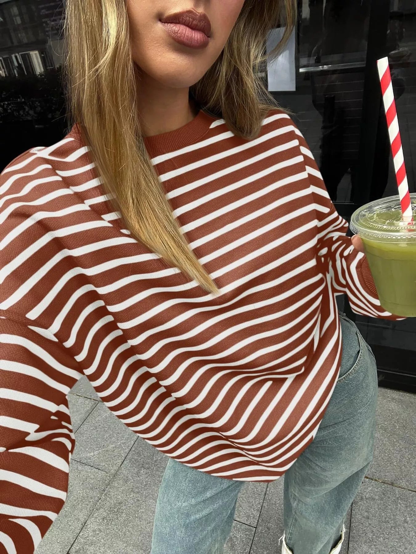 Striped Round Neck Oversized Casual Sweatshirt Trendsi