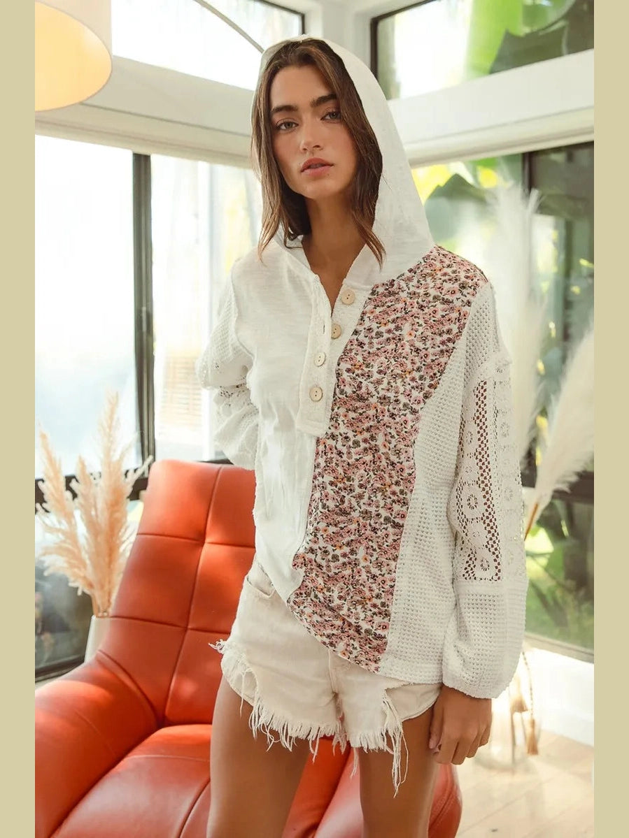 BiBi Slub Jersey with Lace Combo Buttoned Hoodie Top