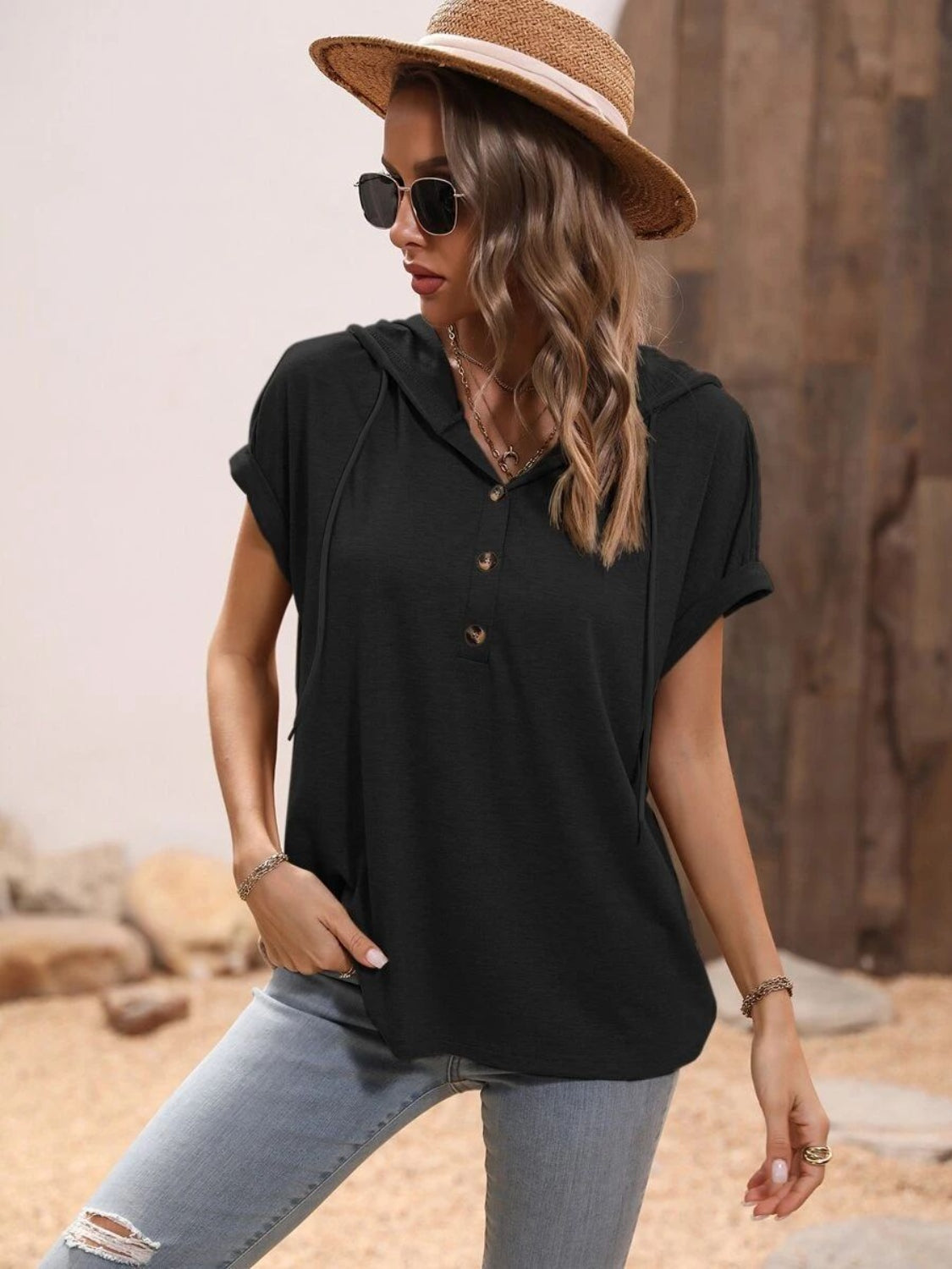 Half Button Hooded Short Sleeve Blouse nicholesgifts