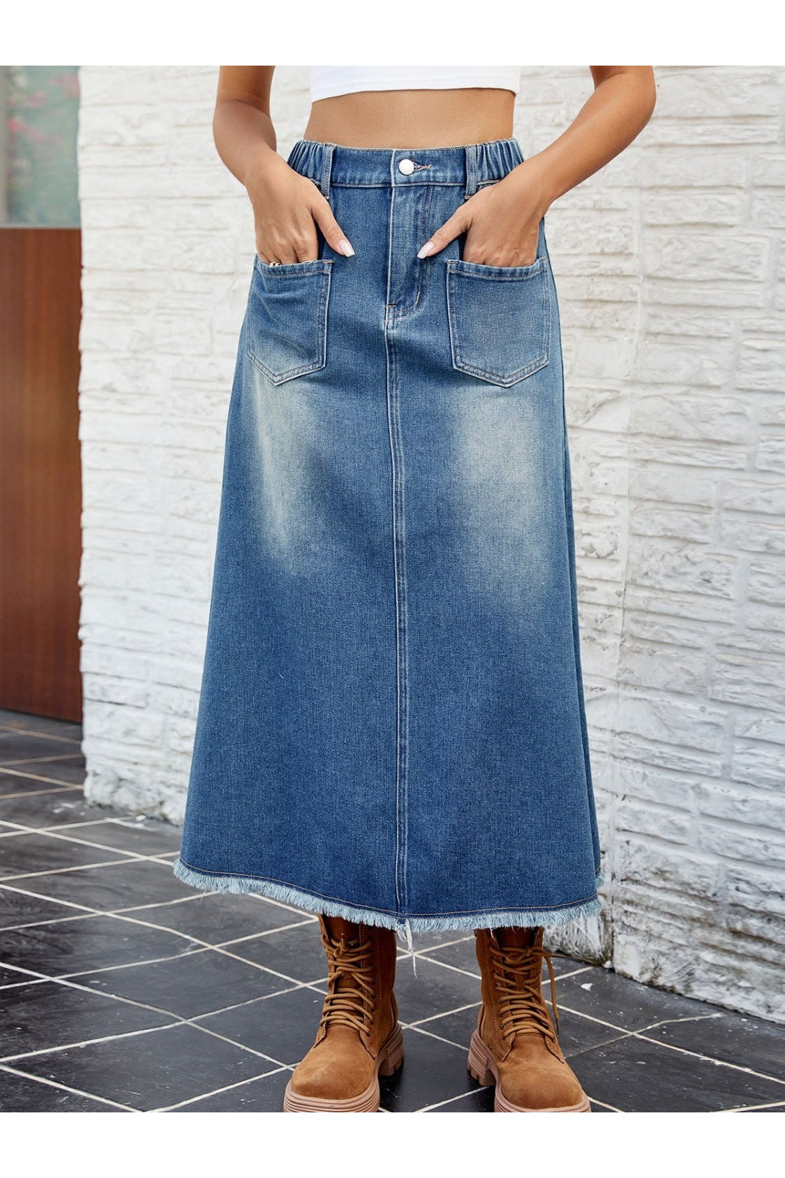 Raw Hem Buttoned Denim Skirt with Pockets nicholesgifts