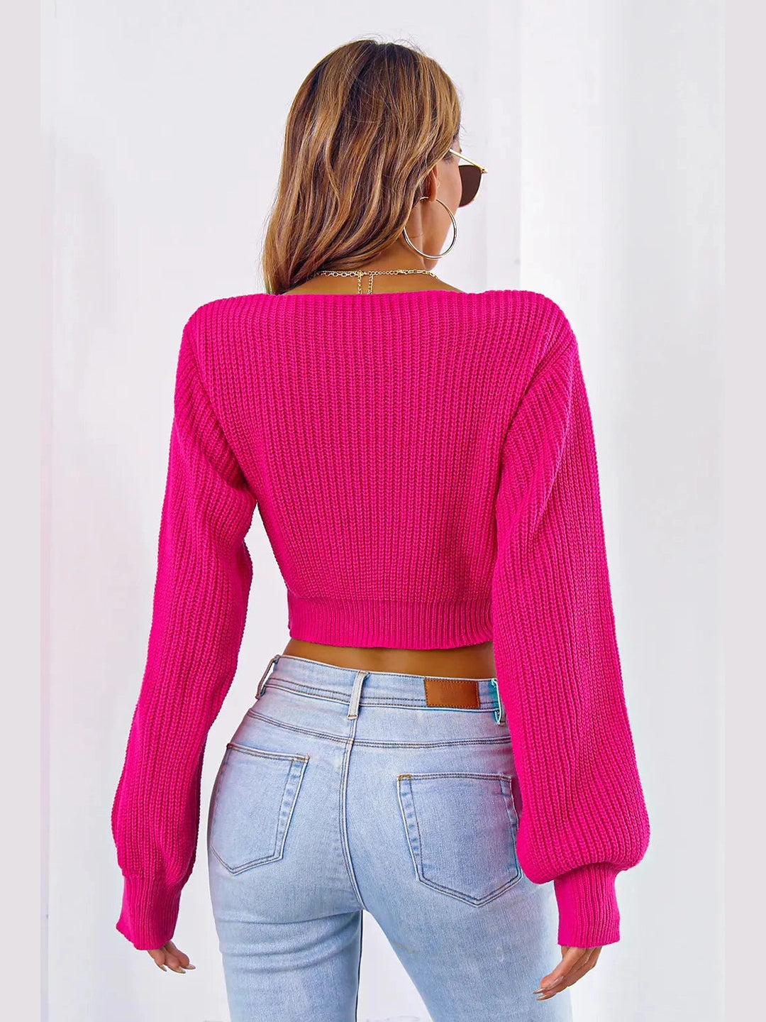Bow V-Neck Long Sleeve Cropped Sweater nicholesgifts