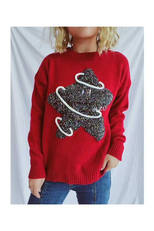 Contrast Star Round Neck Long Sleeve Sweater NicholesGifts