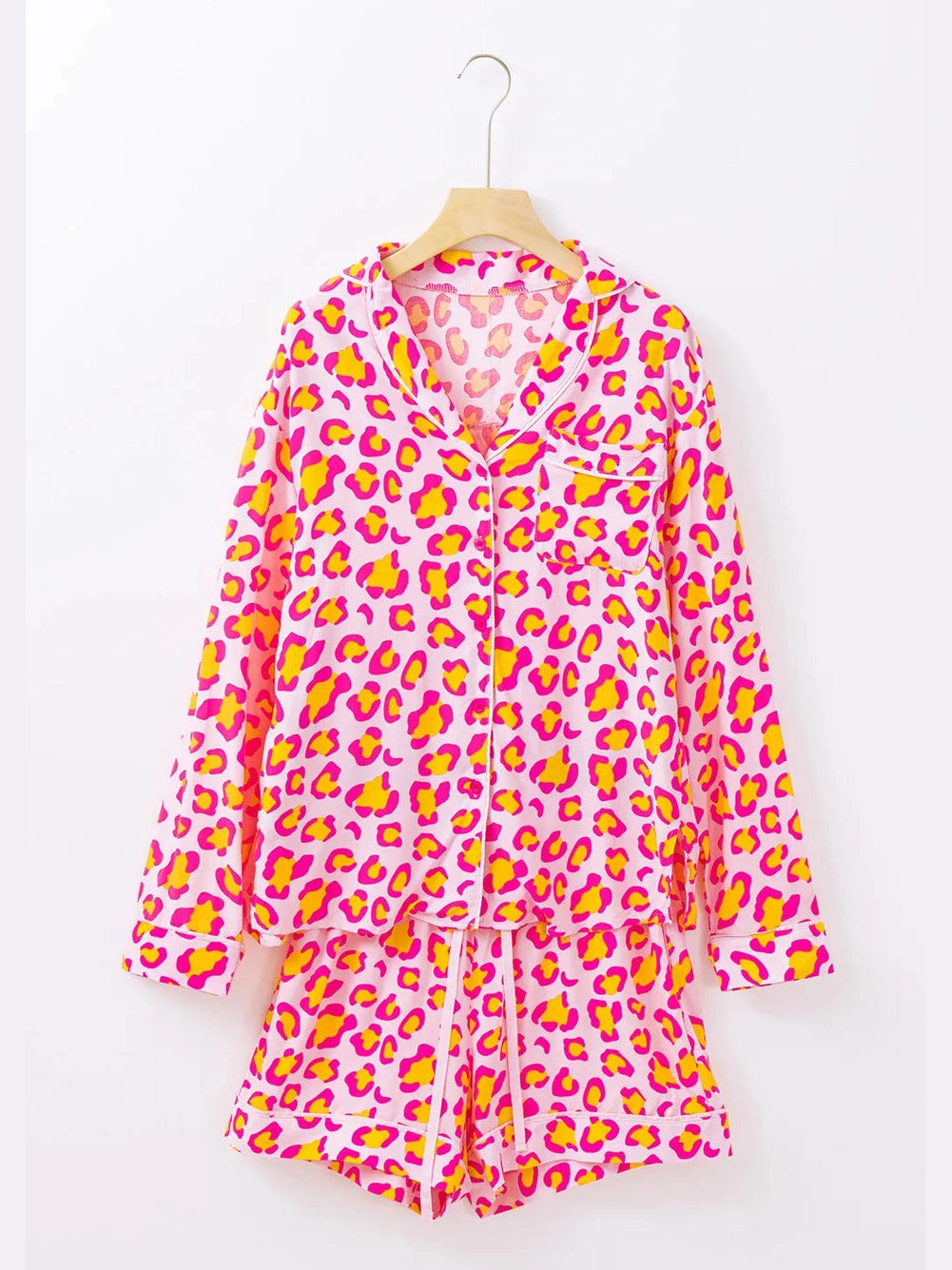 Leopard Collared Neck Long Sleeve Top and Shorts Lounge Set nicholesgifts