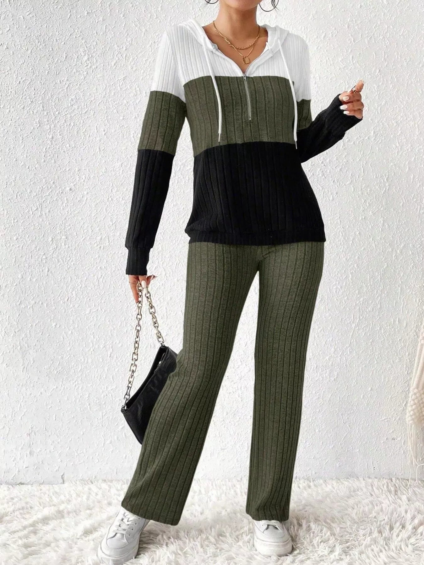 Women Color Block Half Zip Hooded Top and Pants Set NicholesGifts