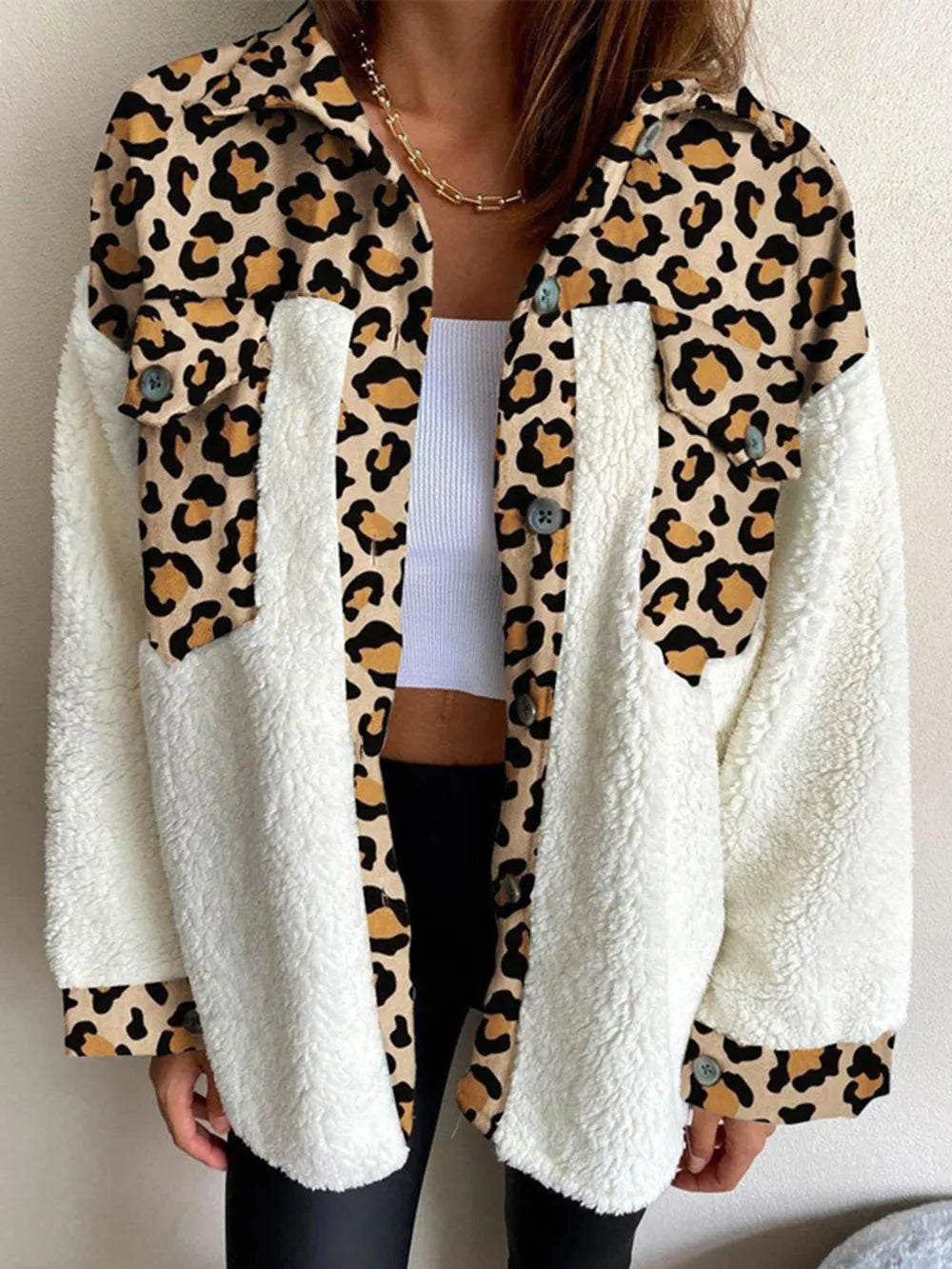 Fuzzy Button Up Long Sleeve Jacket nicholesgifts