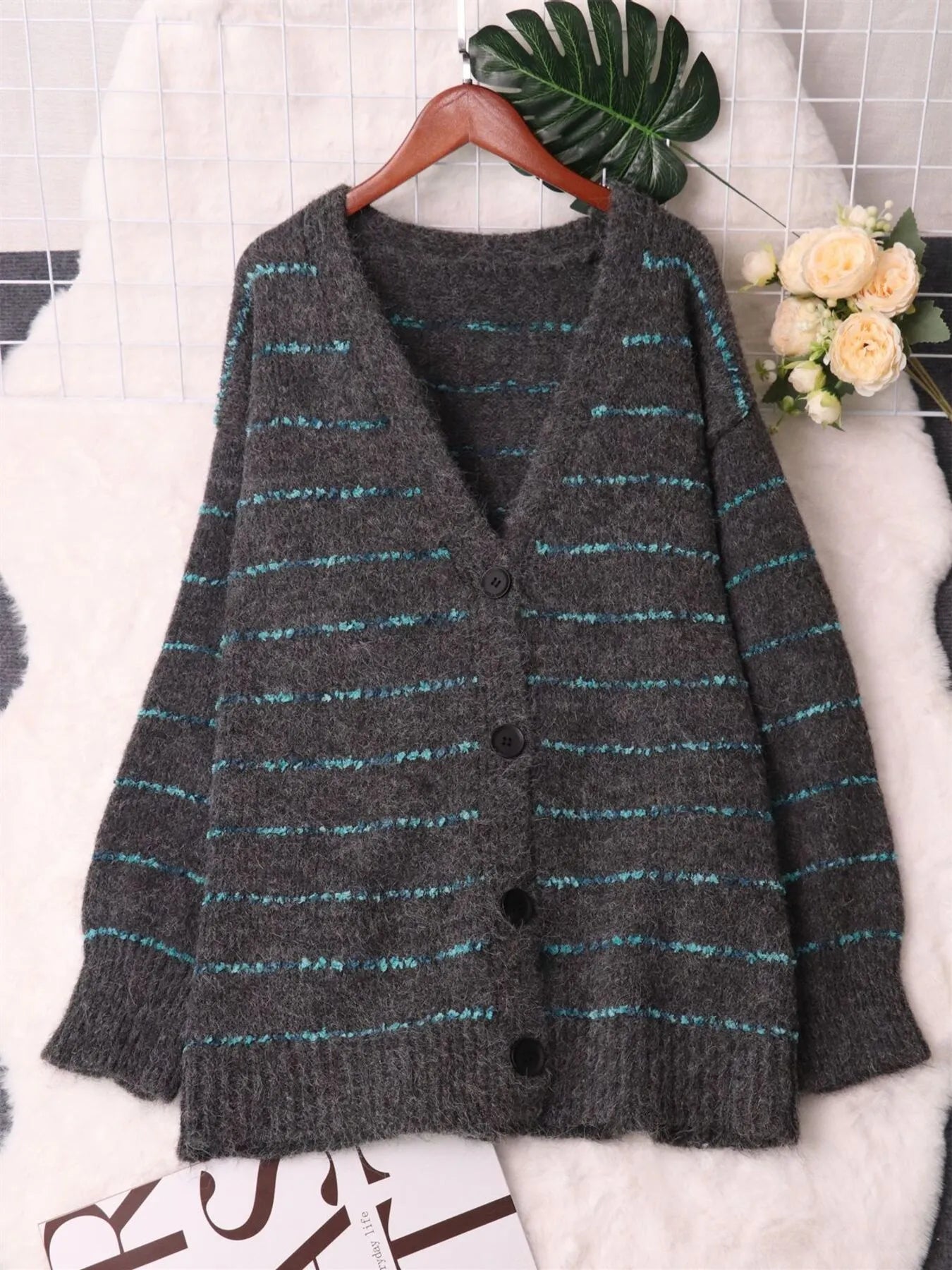 Striped Button-Up Cardigan with V-Neck Design