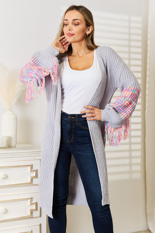 Woven Right Fringe Sleeve Dropped Shoulder Cardigan nicholesgifts