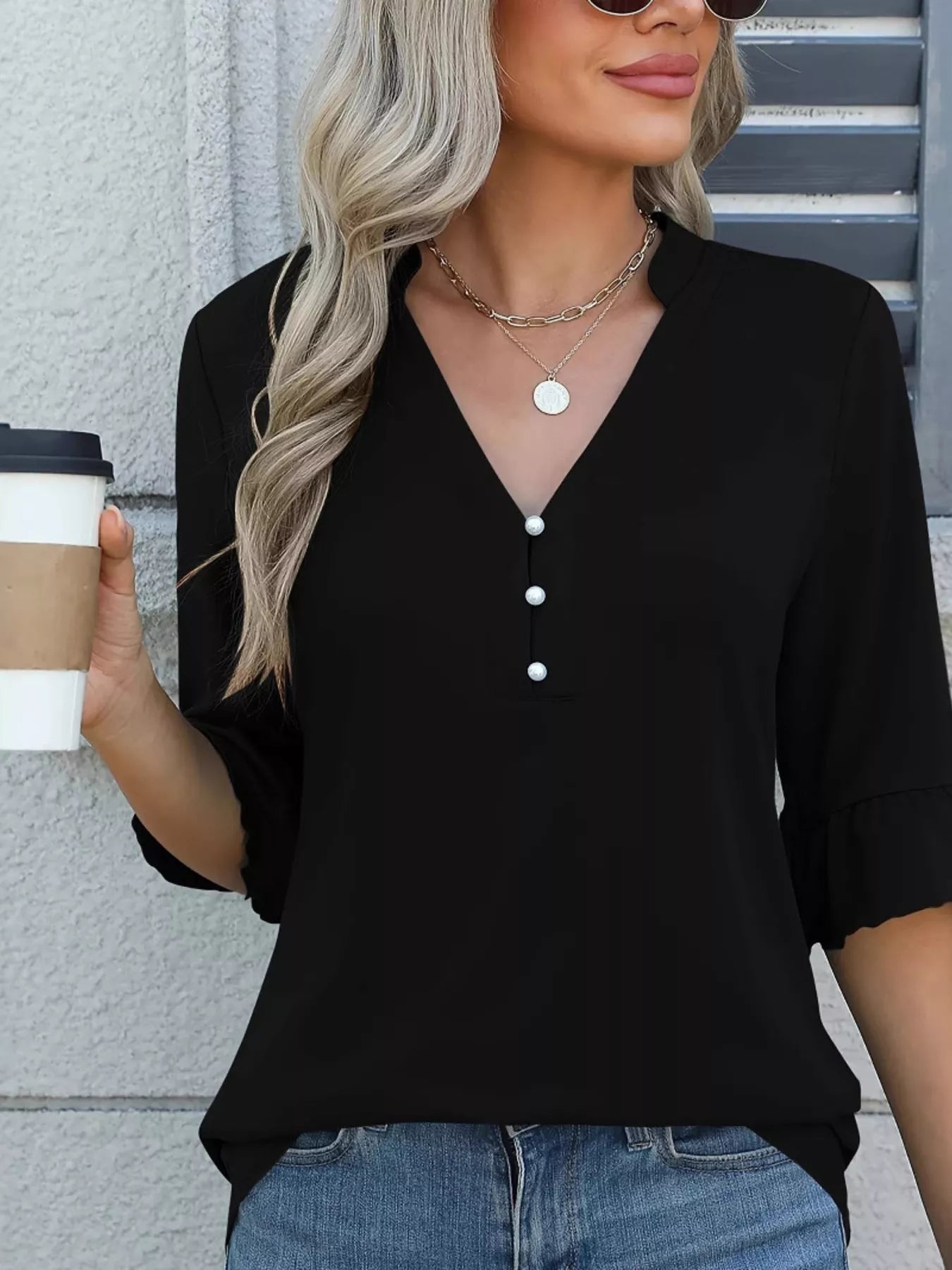 Full Size Notched Flounce Sleeve Blouse Plus Size Trendsi