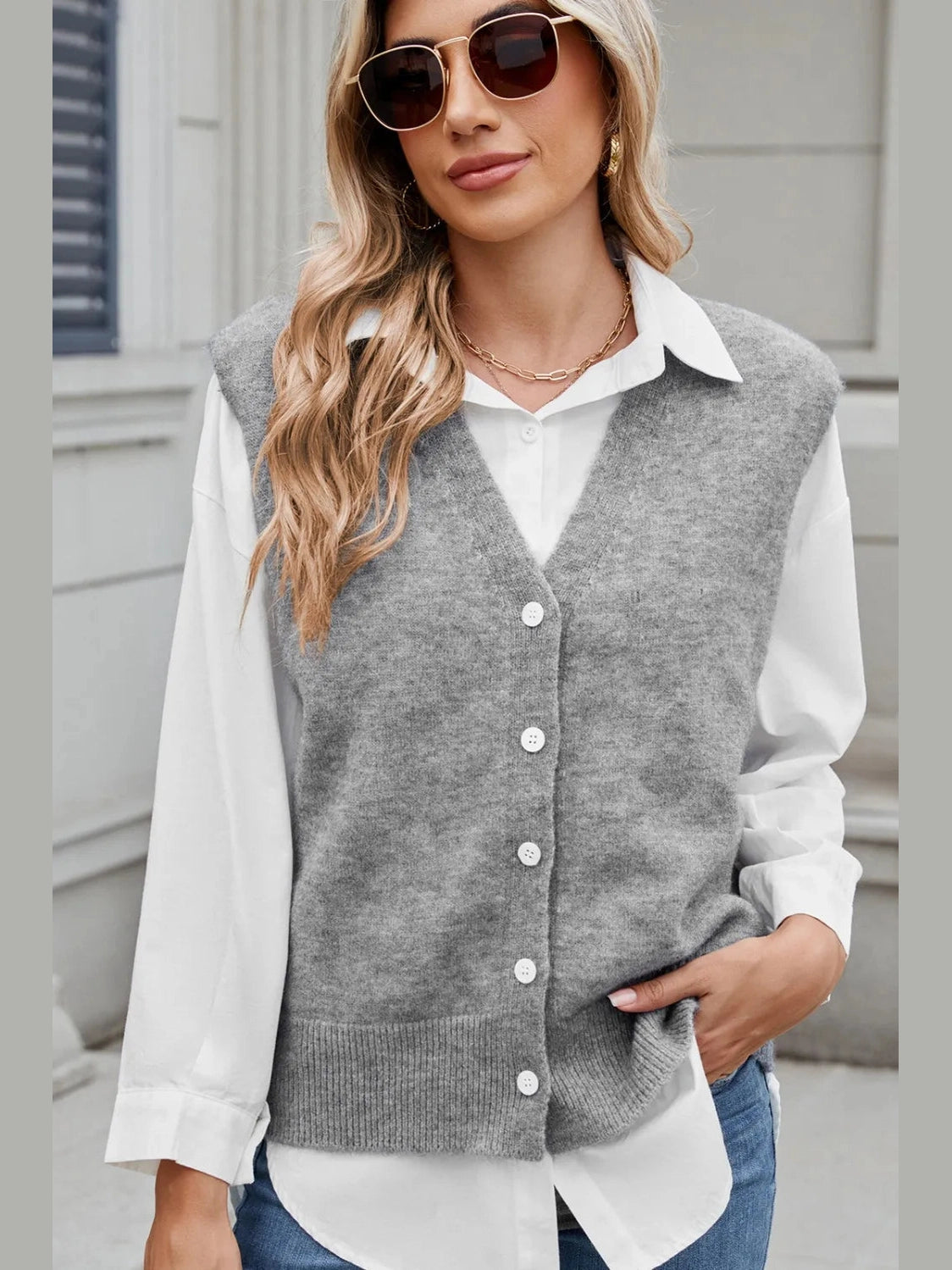 Button Down V-Neck Sweater Vest nicholesgifts