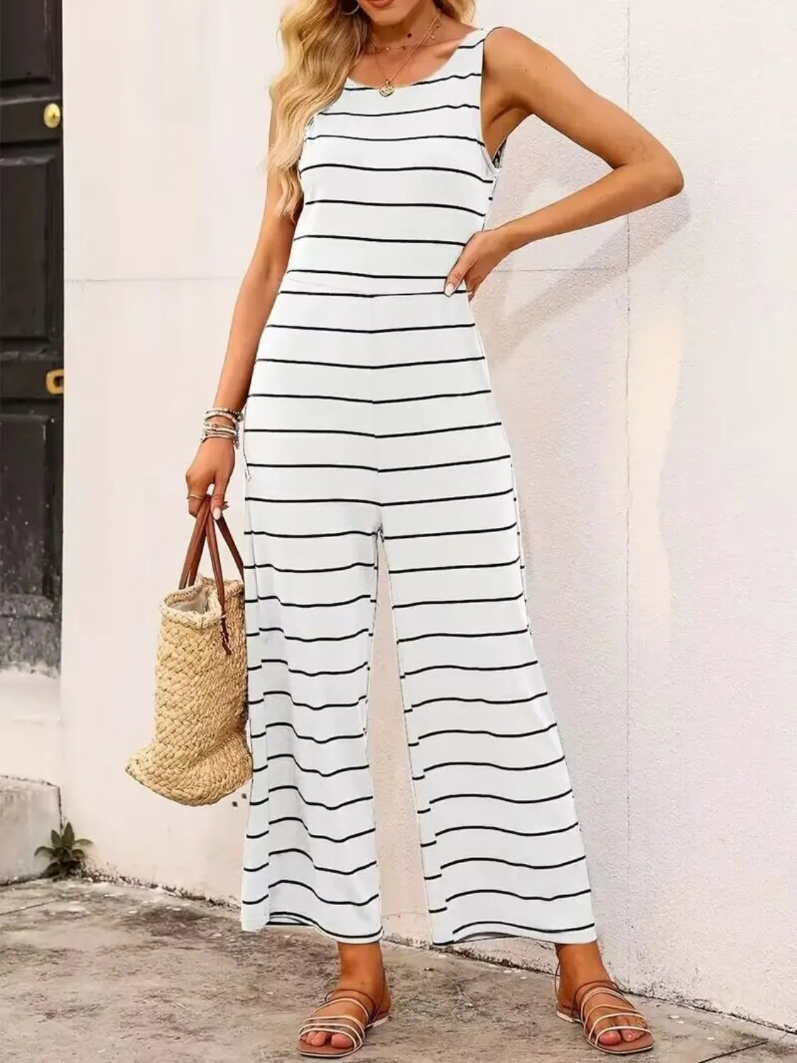 Striped Round Neck Wide Leg Jumpsuit nicholesgifts