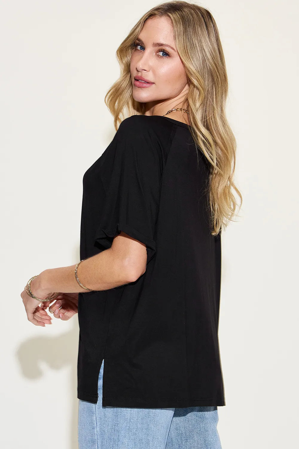Basic Bae Full Size Bamboo Slit V-Neck Short Sleeve T-Shirt NicholesGifts