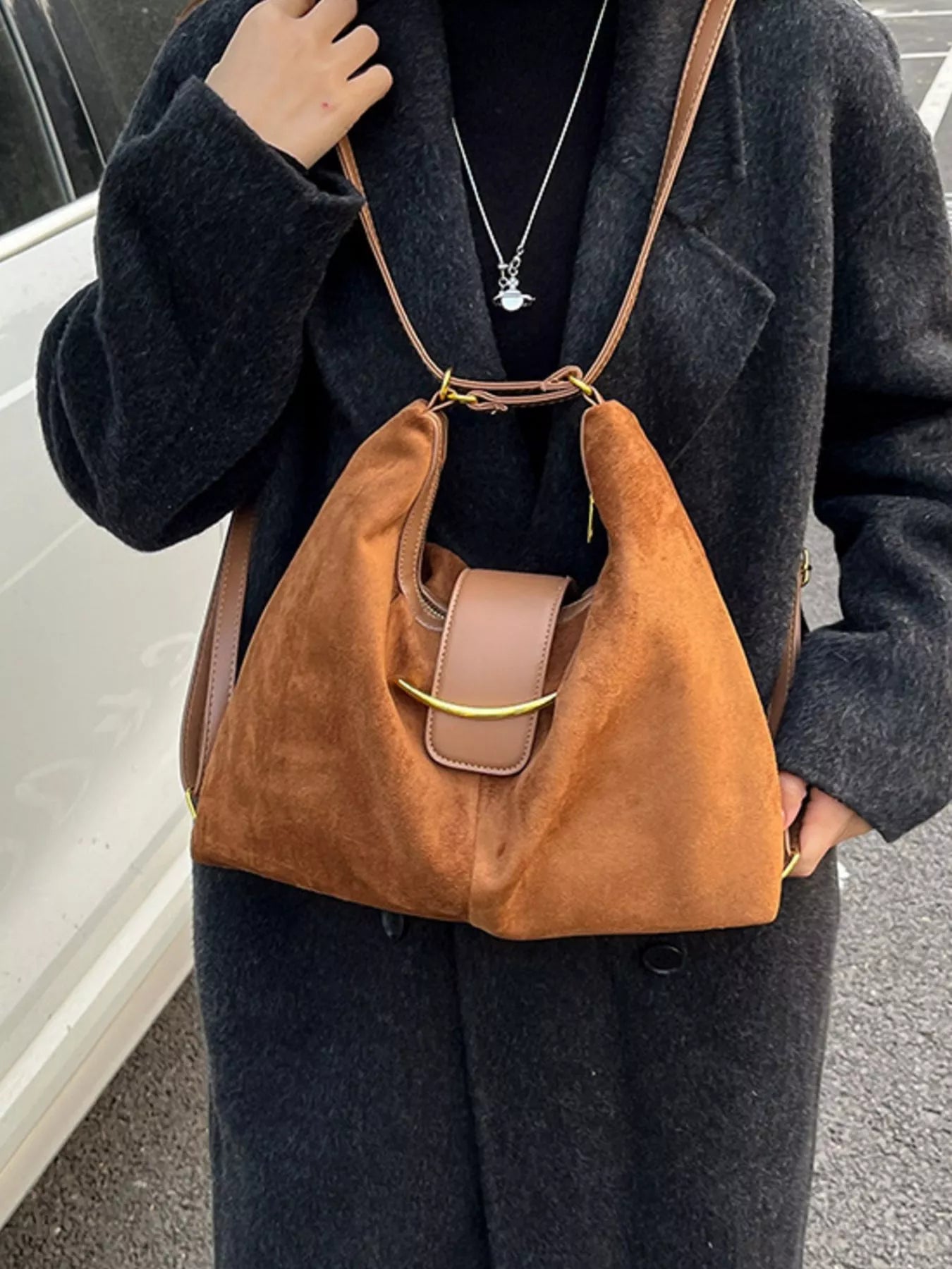 Convertible Suede Backpack Bag with Metal Accent nicholesgifts