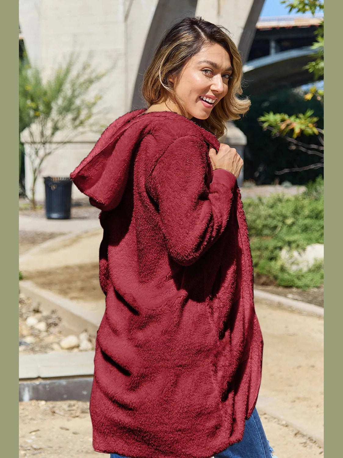 Double Take Full Size Hooded Teddy Bear Jacket with Thumbholes nicholesgifts