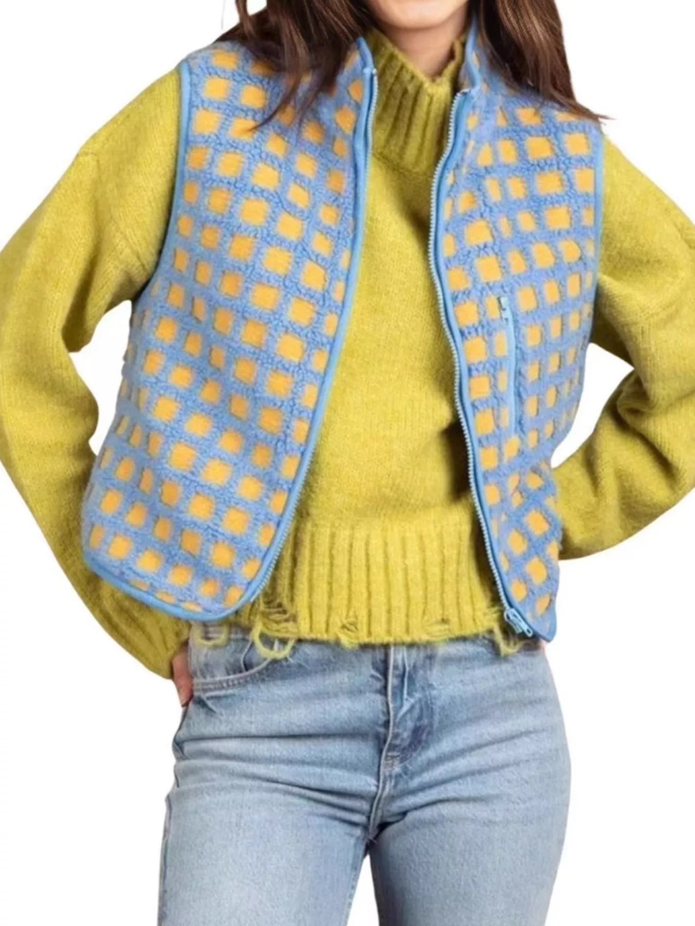 Plaid Zip Up Vest Coat nicholesgifts