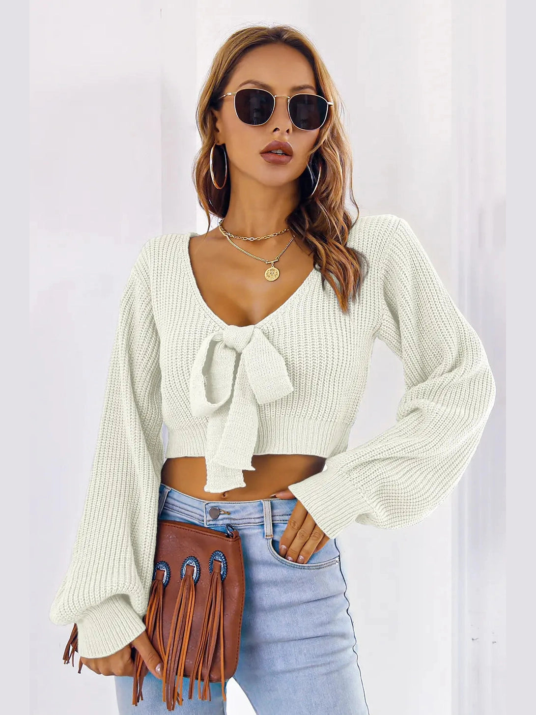 Bow V-Neck Long Sleeve Cropped Sweater nicholesgifts