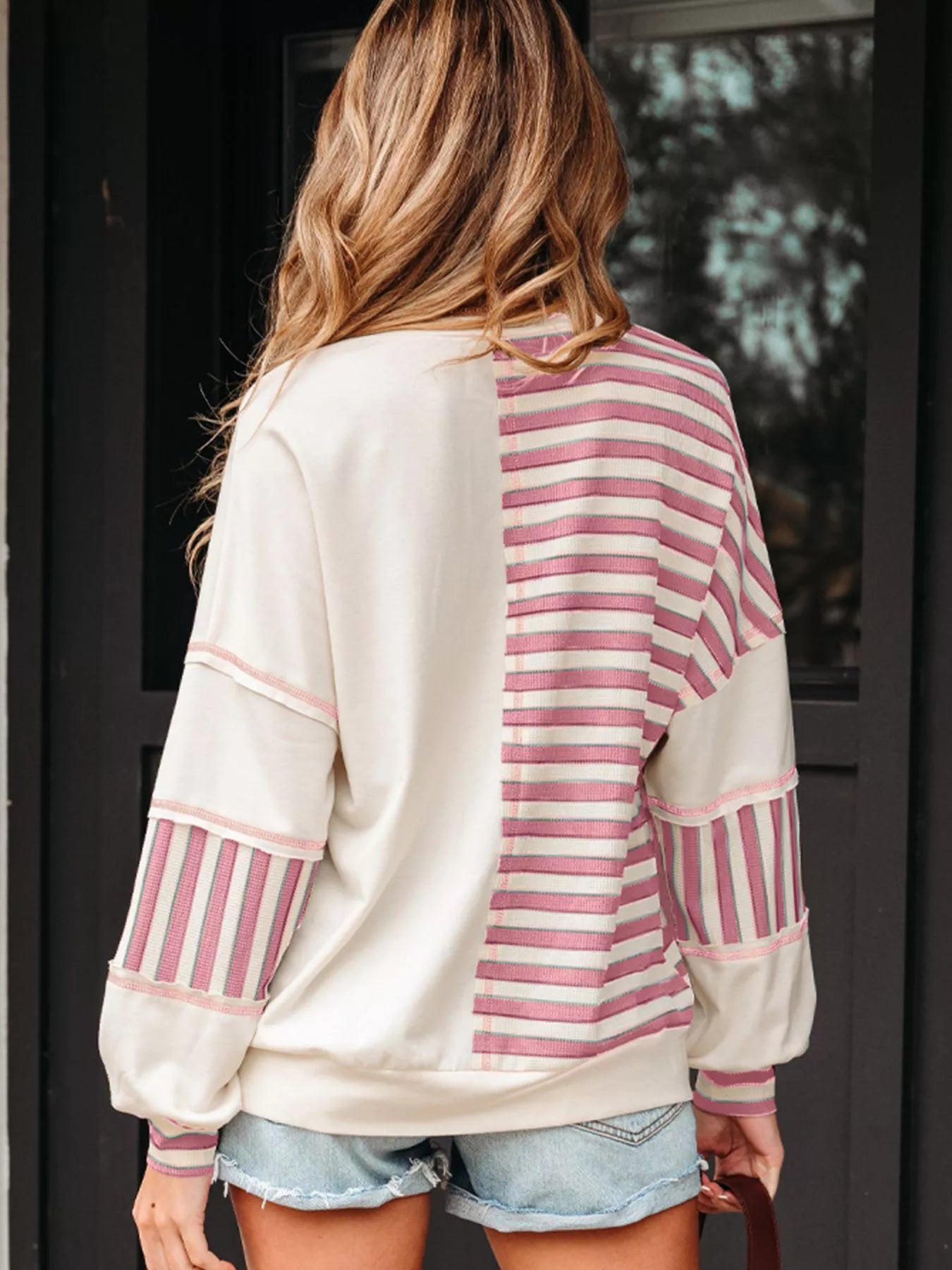 Stripe Stitched Detail Color Block Patchwork Oversized Top Trendsi
