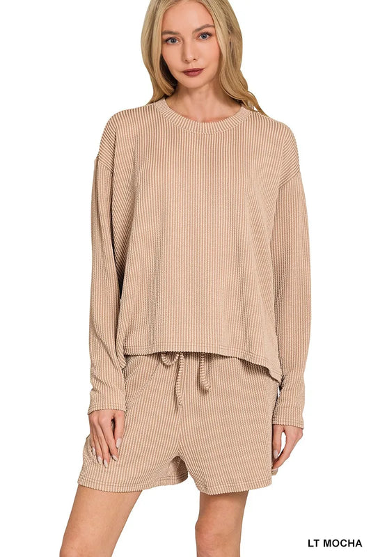Zenana Corded Rib Long Sleeve Tee and Shorts Set Trendsi