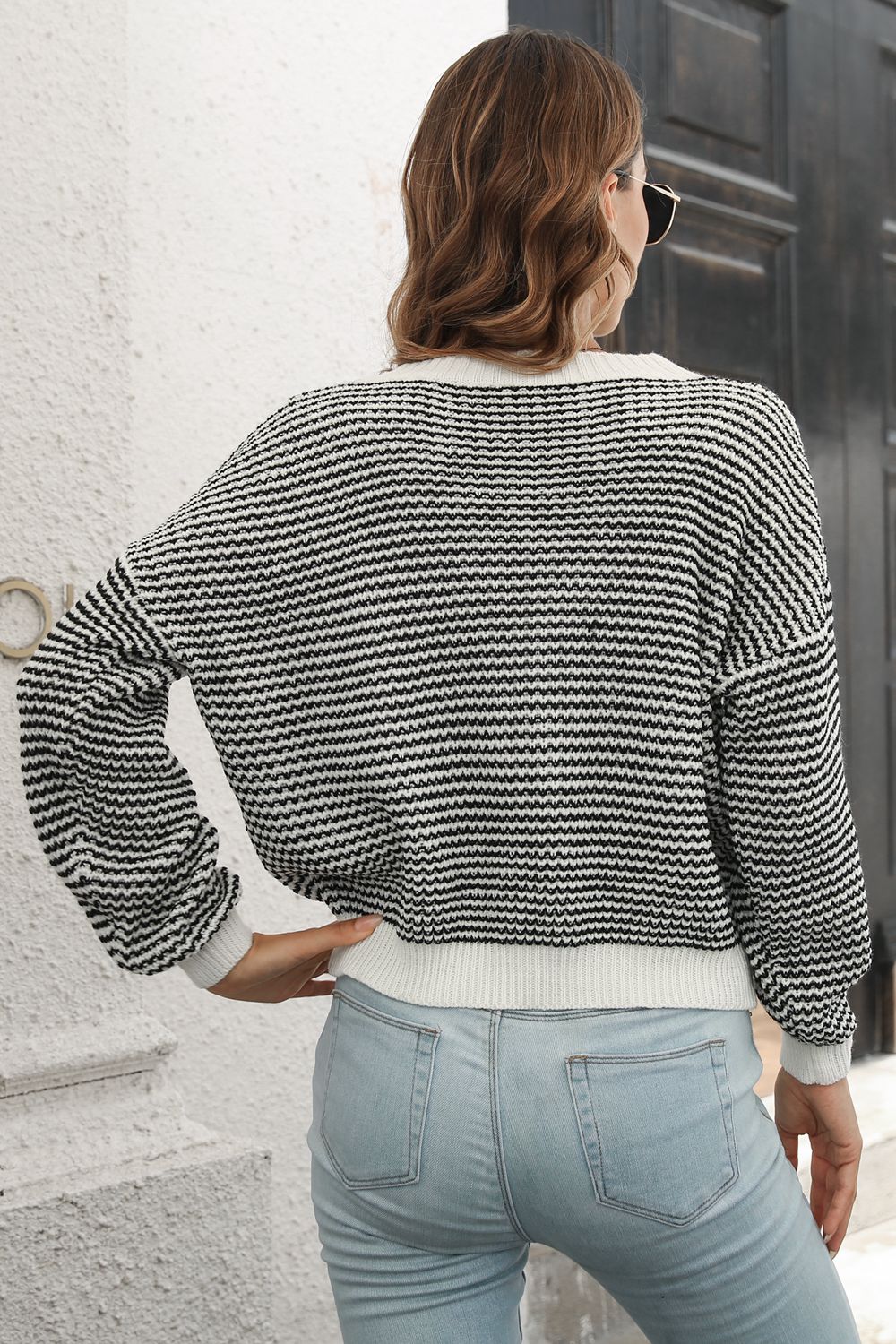 Striped Round Neck Dropped Shoulder Sweater nicholesgifts