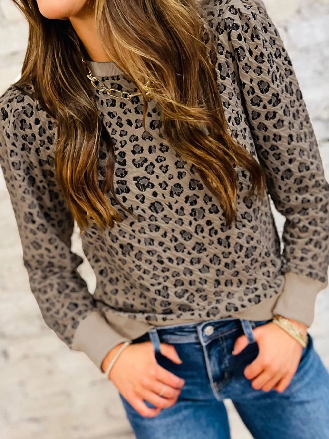 Ribbed Trim Leopard Print Long Sleeve Top NicholesGifts