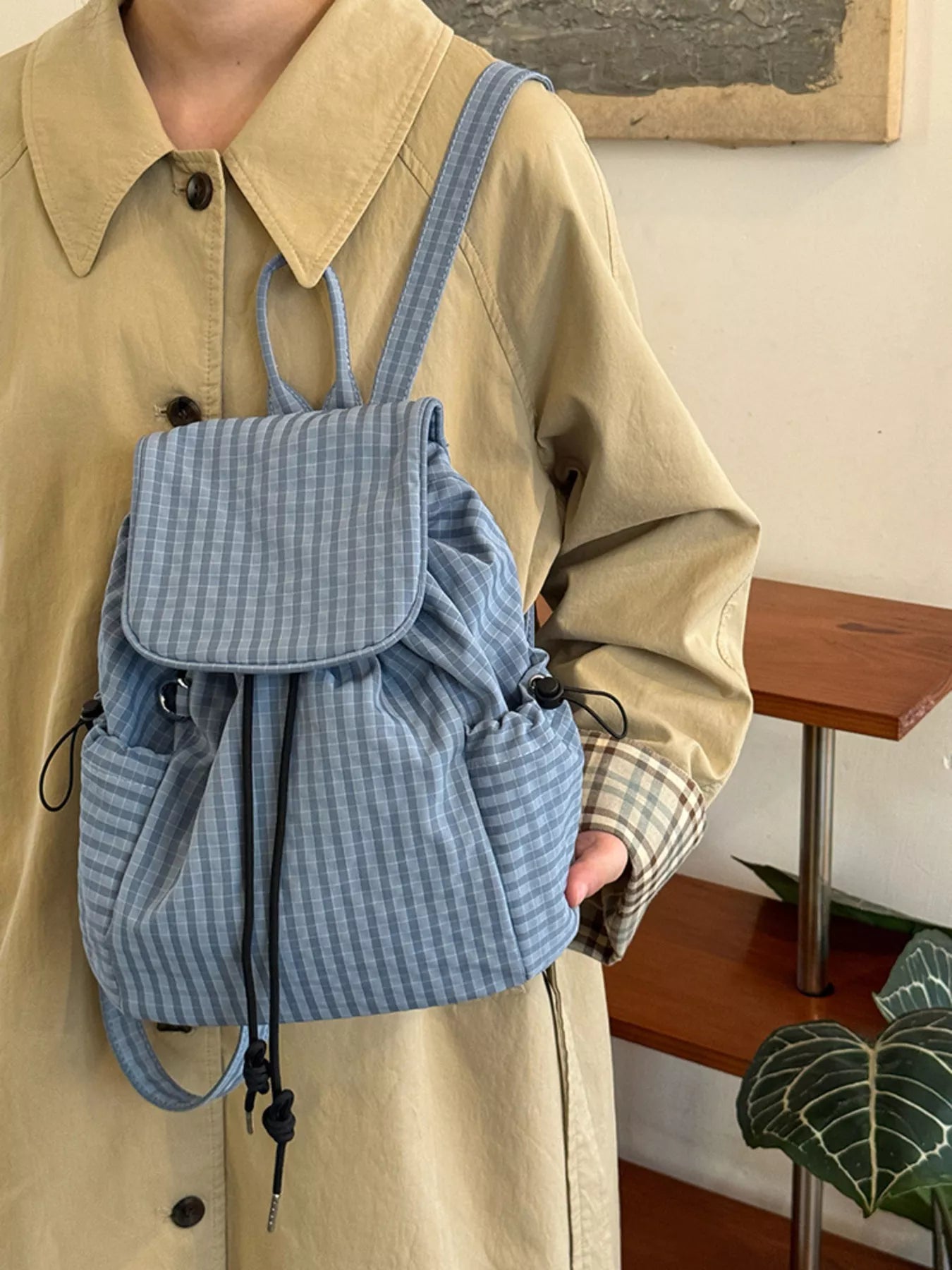 Plaid Drawstring Closure Backpack Bag nicholesgifts
