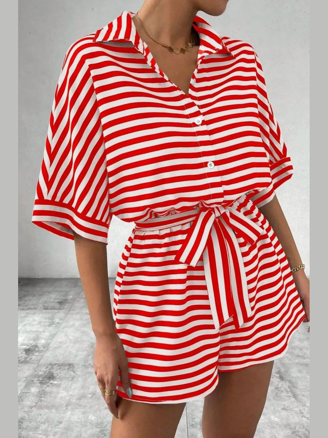 Striped Collared Neck Tie Waist Romper nicholesgifts