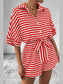 Striped Collared Neck Tie Waist Romper nicholesgifts
