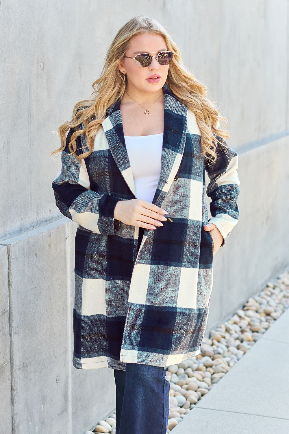 Double Take Full Size Plaid Button Up Lapel Collar Coat nicholesgifts