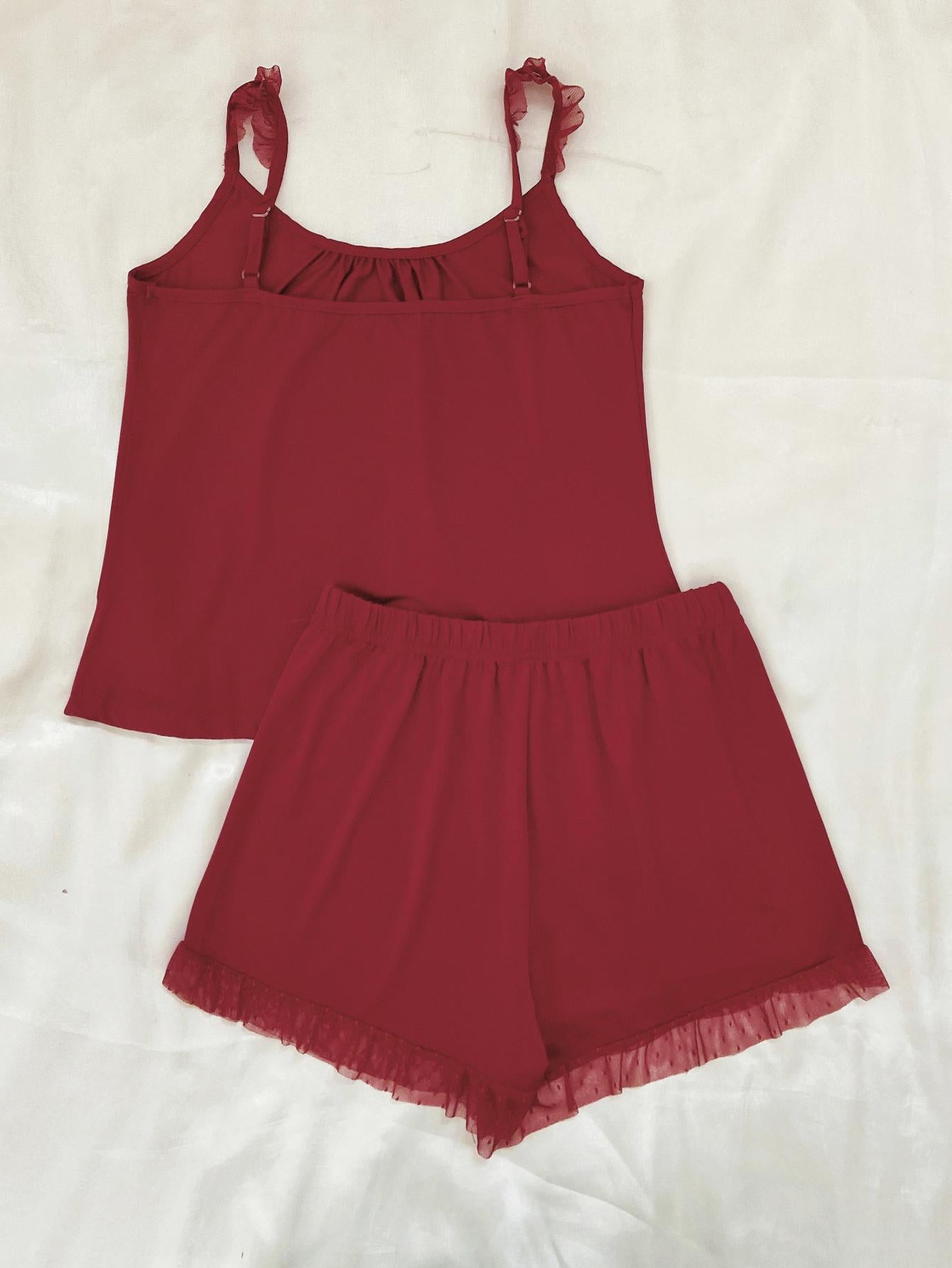 Gathered Detail Spliced Mesh Sleeveless Top and Shorts Lounge Set nicholesgifts
