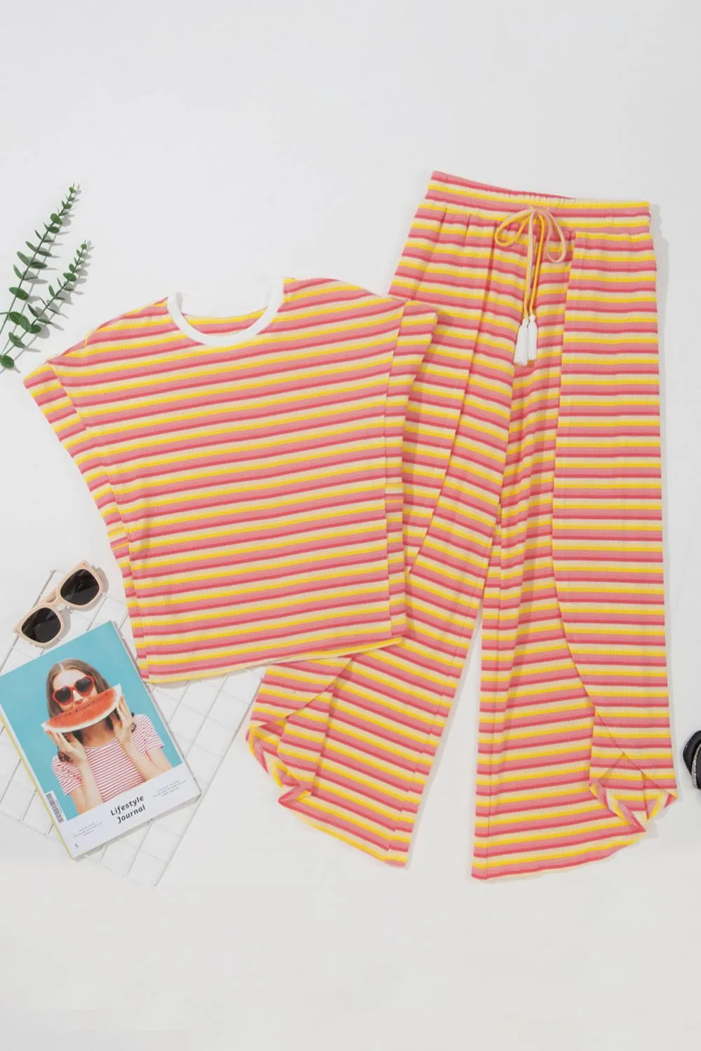 Striped Round Neck Short Sleeve Top and Pants Set NicholesGifts