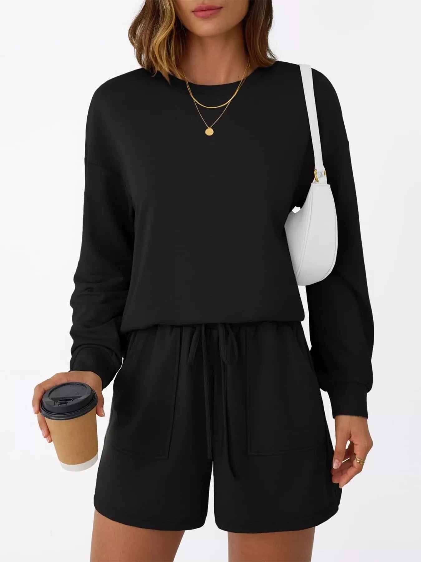 Round Neck Long Sleeve Top and Shorts Set Trendsi