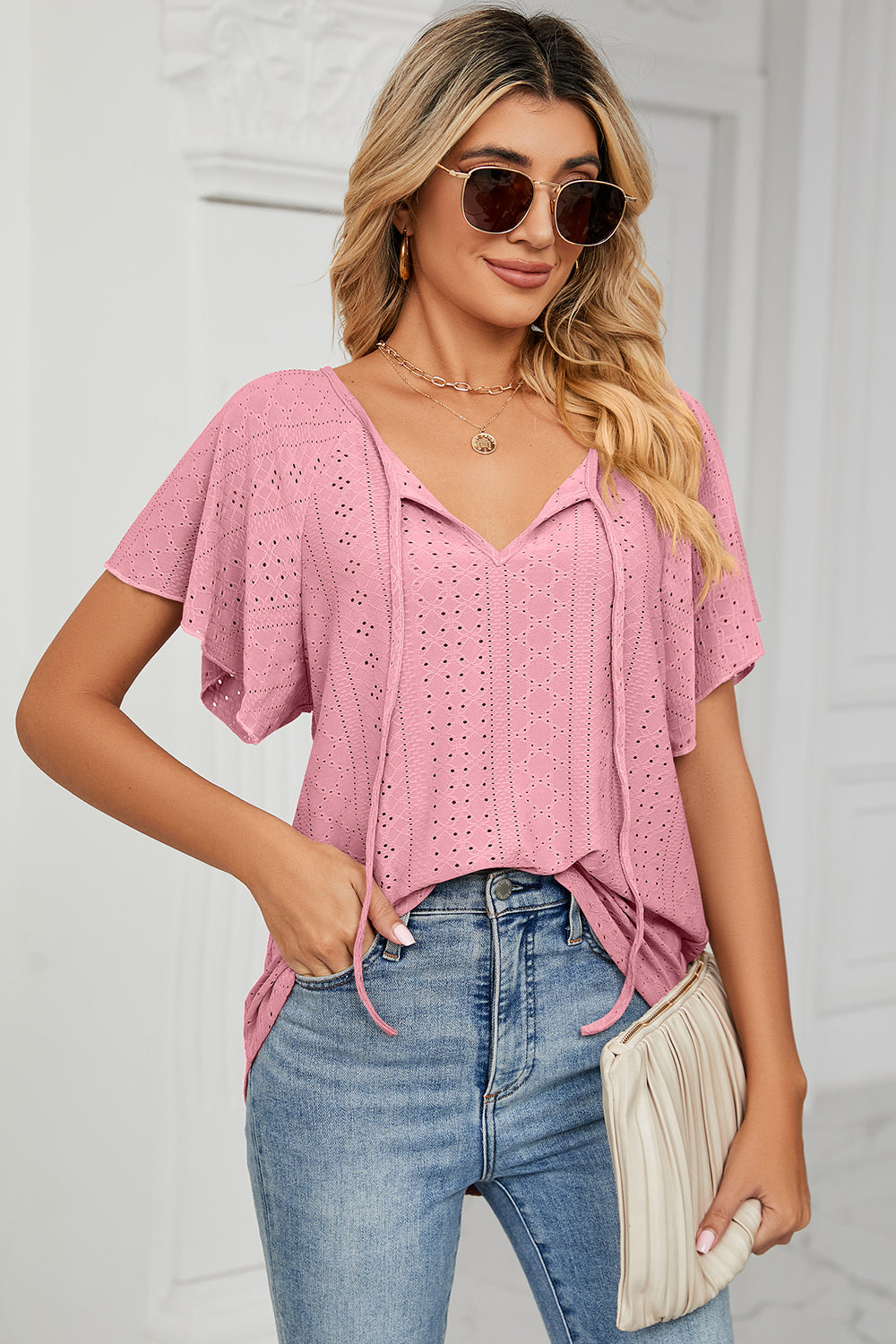 Eyelet Tie Neck Flutter Sleeve Blouse nicholesgifts