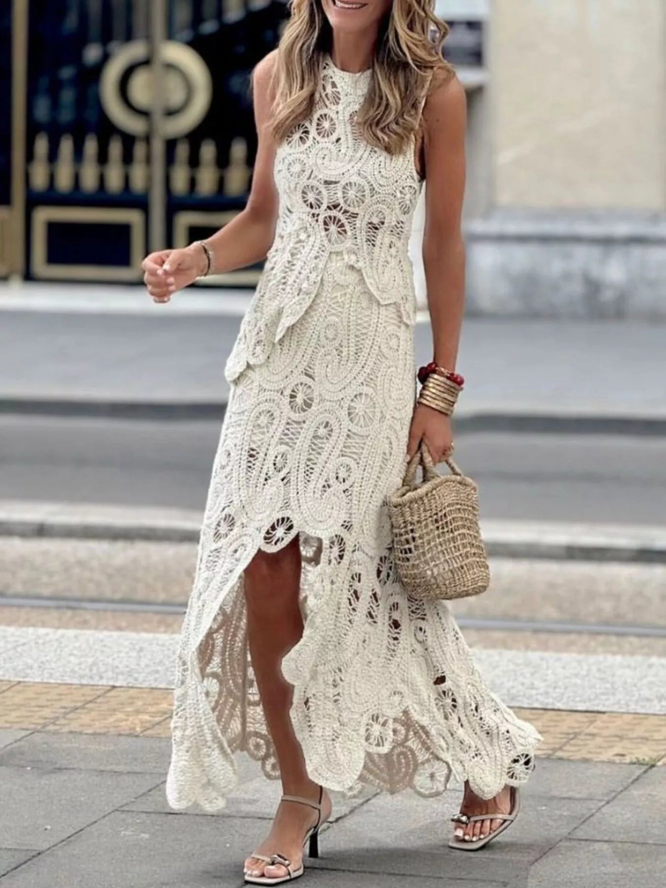 Crochet Sleeveless Tank and Skirt Set Trendsi