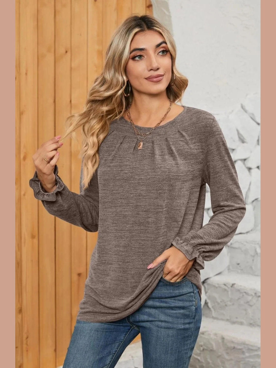 Ruched Round Neck Flounce Sleeve T-Shirt NicholesGifts