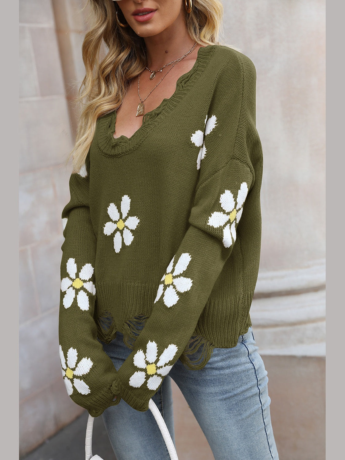 Flower Distressed Long Sleeve Sweater Trendsi