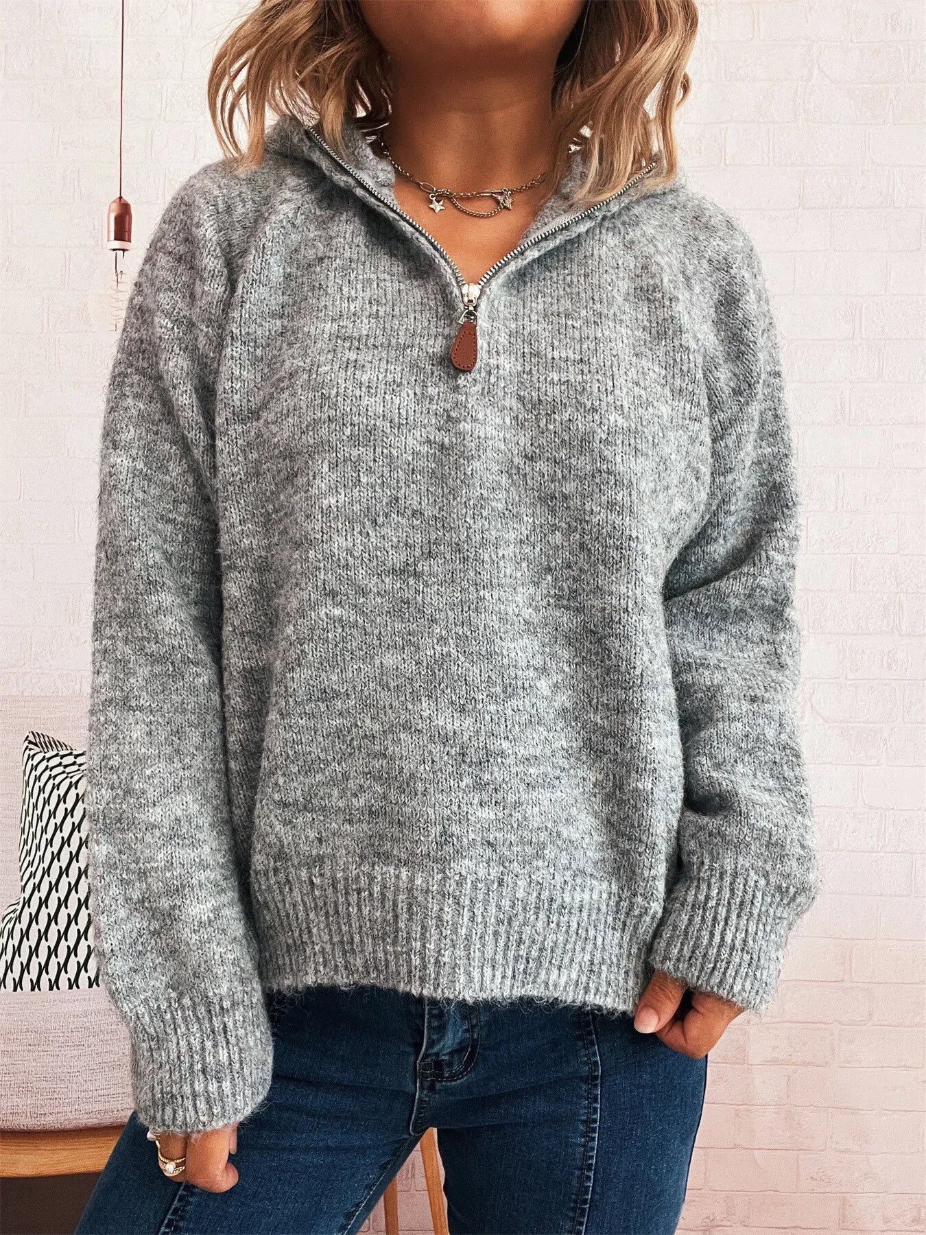 Quarter Zip Ribbed Hem Sweater