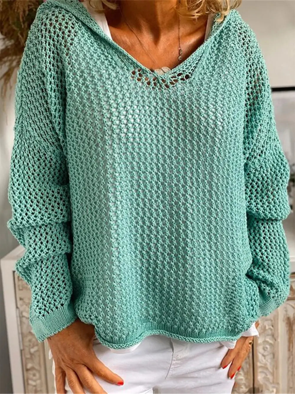 Openwork Hooded Long Sleeve Sweater nicholesgifts