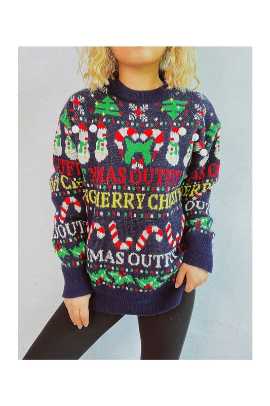 Christmas Pattern Round Neck Long Sleeve Sweater NicholesGifts